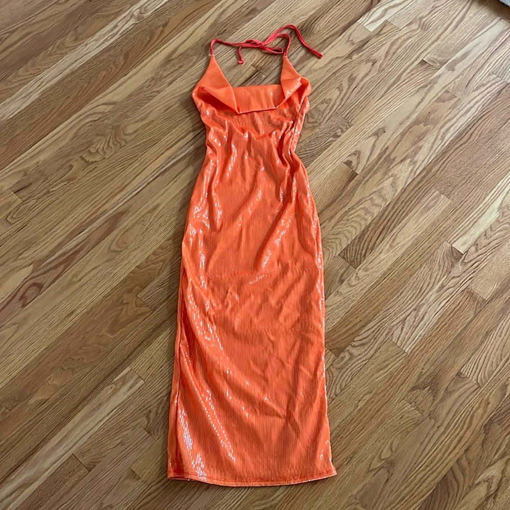 Sexy sequin cowl neck midi dress orange tangerine color